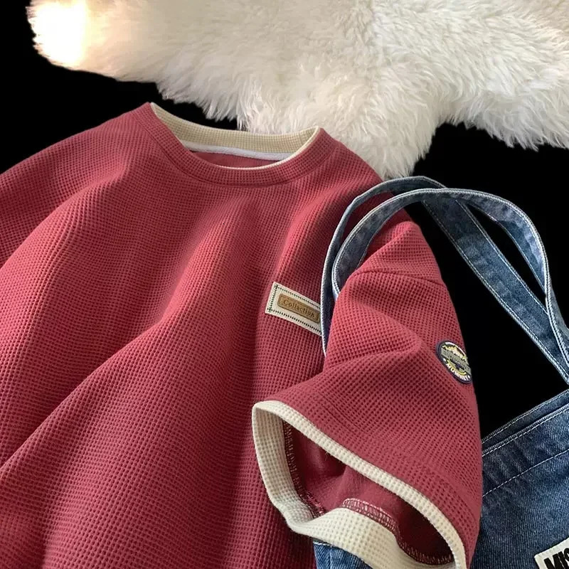 Summer waffle cookies short sleeved mens retro decal loose Tshirt couple Y2K streetwear twopiece set 250312