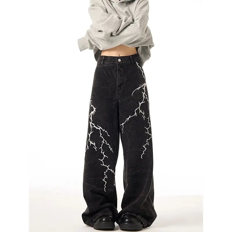American retro sparkling pattern straight leg jeans suitable for both men and womens streets loose and casual wash wide leg casual pants y2k 250310