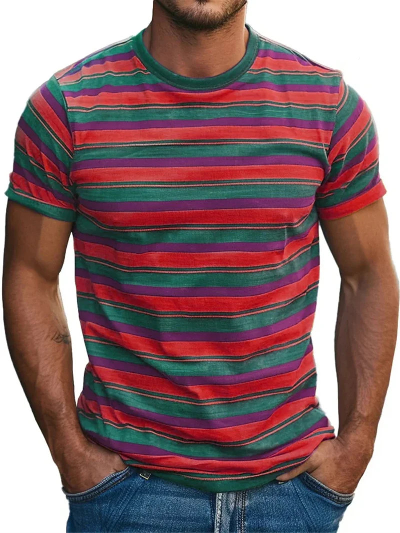 Mens Retro Stripe 3D Printed T Shirt Summer Casual Short Sleeve Fashion Crew Neck Tshirt Loose Quick Dry Breathable Sports Tees 250312