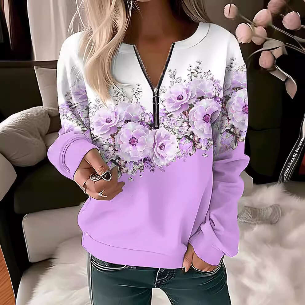 European American women's hot item printed V-neck long sleeved pullover loose hoodie new style chic and elegant clothing