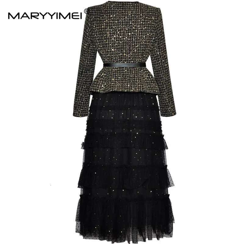 MARYYIMEI Fashionable Women's Suit Long Sleeved Single Breasted Lace-Up Tops+Mesh Black Skirt Autumn And Winter 2 Piece Set