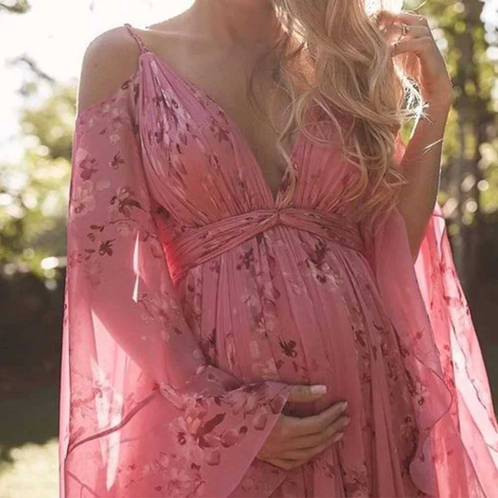Autumn Winter Hot Selling New Sweet V-neck Floral Pink Photography Long Dress Pregnant Women Plus Size Women Large Swing DressT250311
