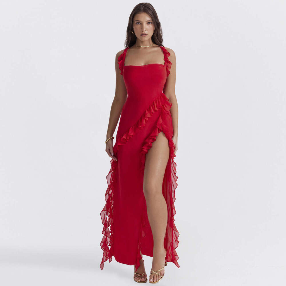 European American style women's summer autumn fashionable sexy mushroom edge splicing temperament slit dress 2025 new casual and versatile fashio