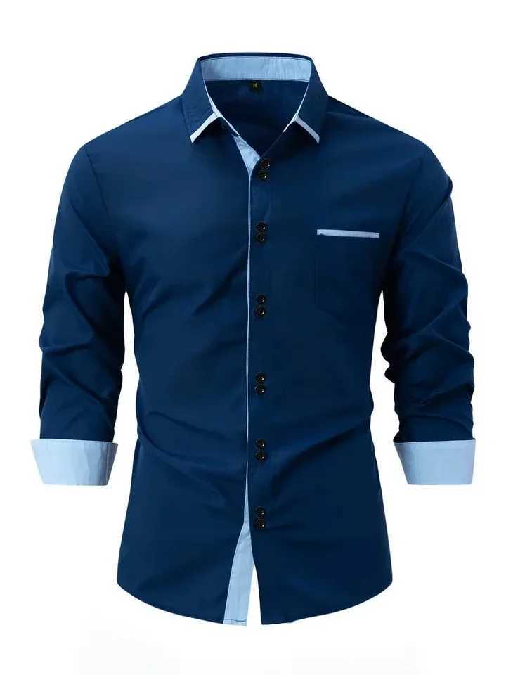 Mens Business Casual Cotton Shirt with Pocket Color Matching Lapel Comfortable Long Sleeve Top for Holiday W250312