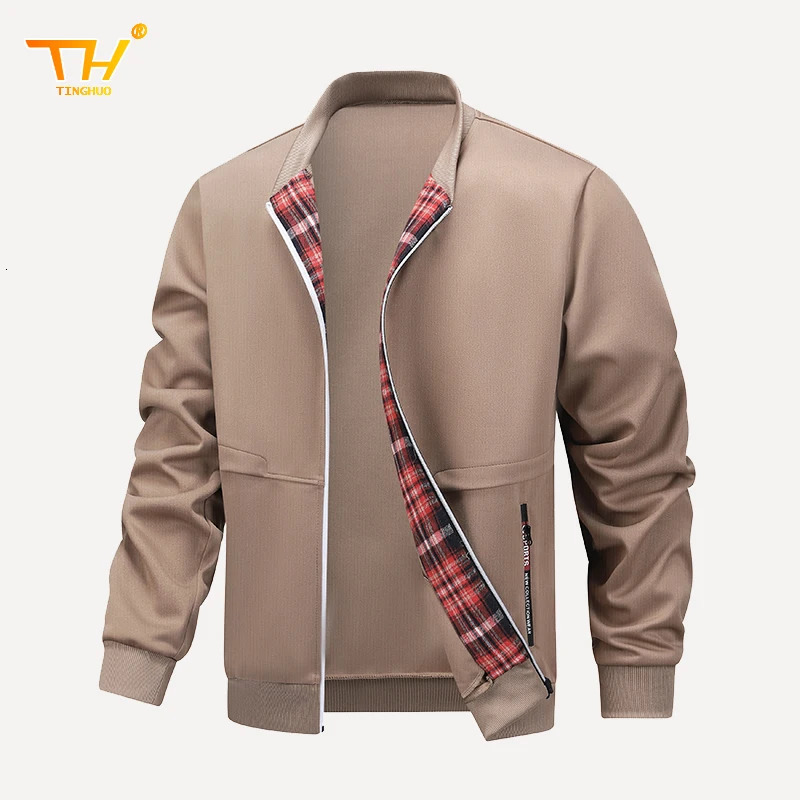 Mens Jacket SpringAutumn Casual Checkered Zipper n Fashion Collar Training Jogging Gym Coat 250312