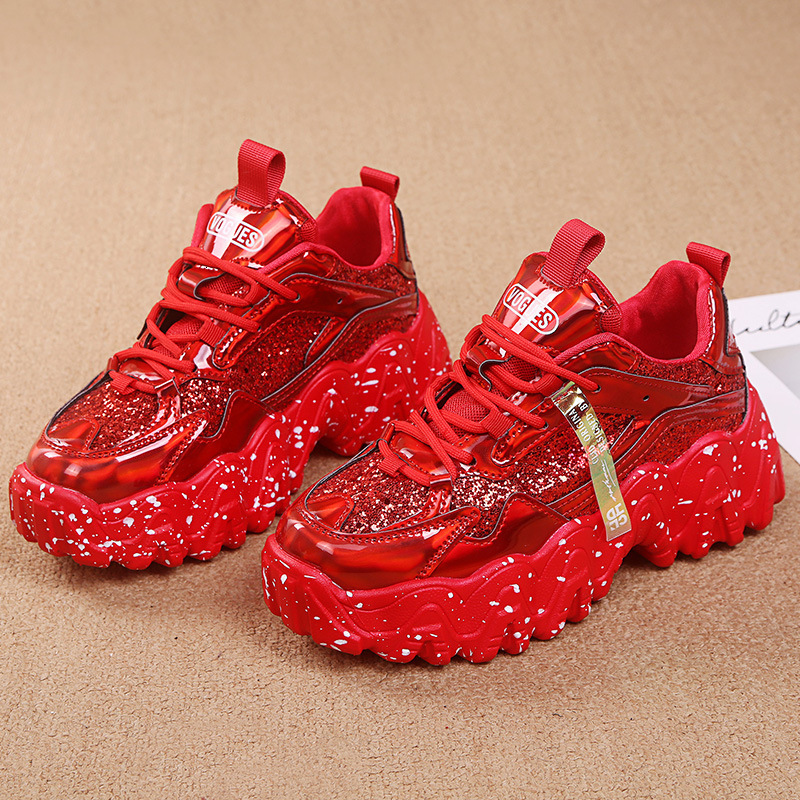 Women's Solid Color Designer Shoes 2025 Spring New Korean Version Casual Big Wave Snowflake Songke Thick Sole High Gloss Sports Shoes For Women