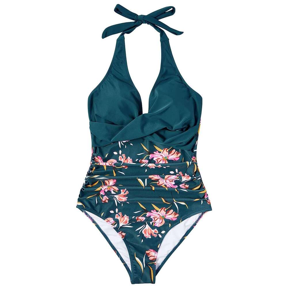 Summer Sexy V-Neck Swimsuits Women's One Piece Swimwear Push Up Vintage Halter Bodysuit Bathing Suits Printing Swimming Wear Beachwear Pool Bathe