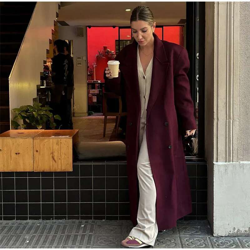 Elegant Bury Woolen Overcoat With Belt For Women Sleeve Lapel Loose Long Trench Autumn High Street New Lady Coats
