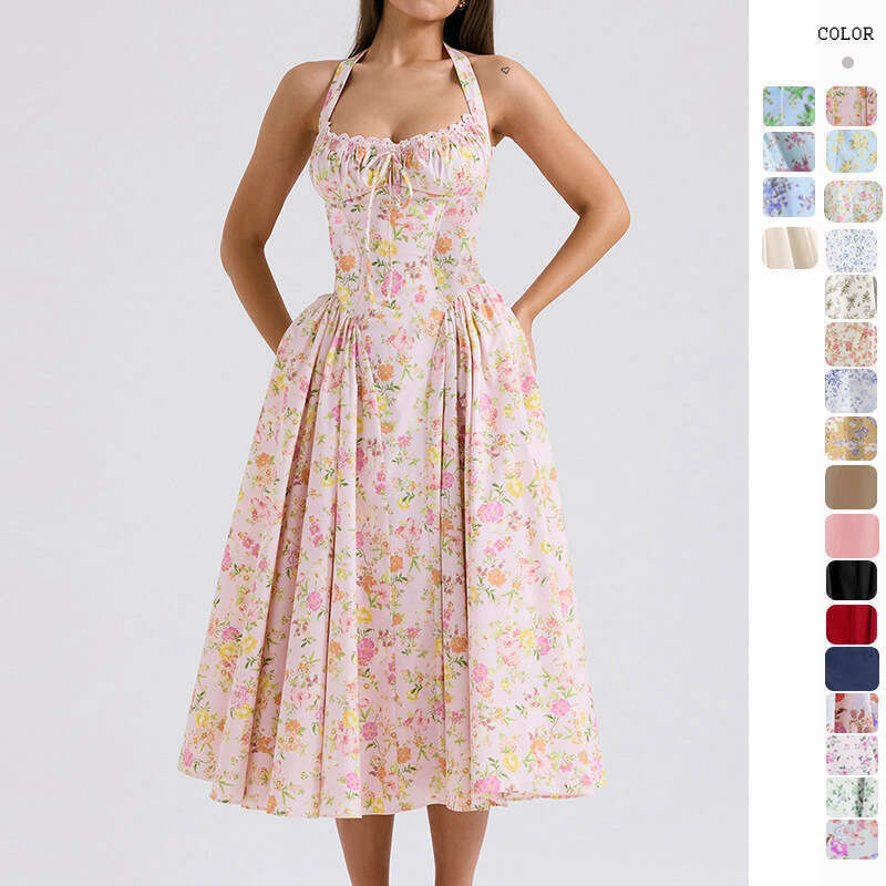 summer slim fit camisole long European and American style fashionable printed neck hanging lace dress, 2025 temperament versatile new trendy clothing 
