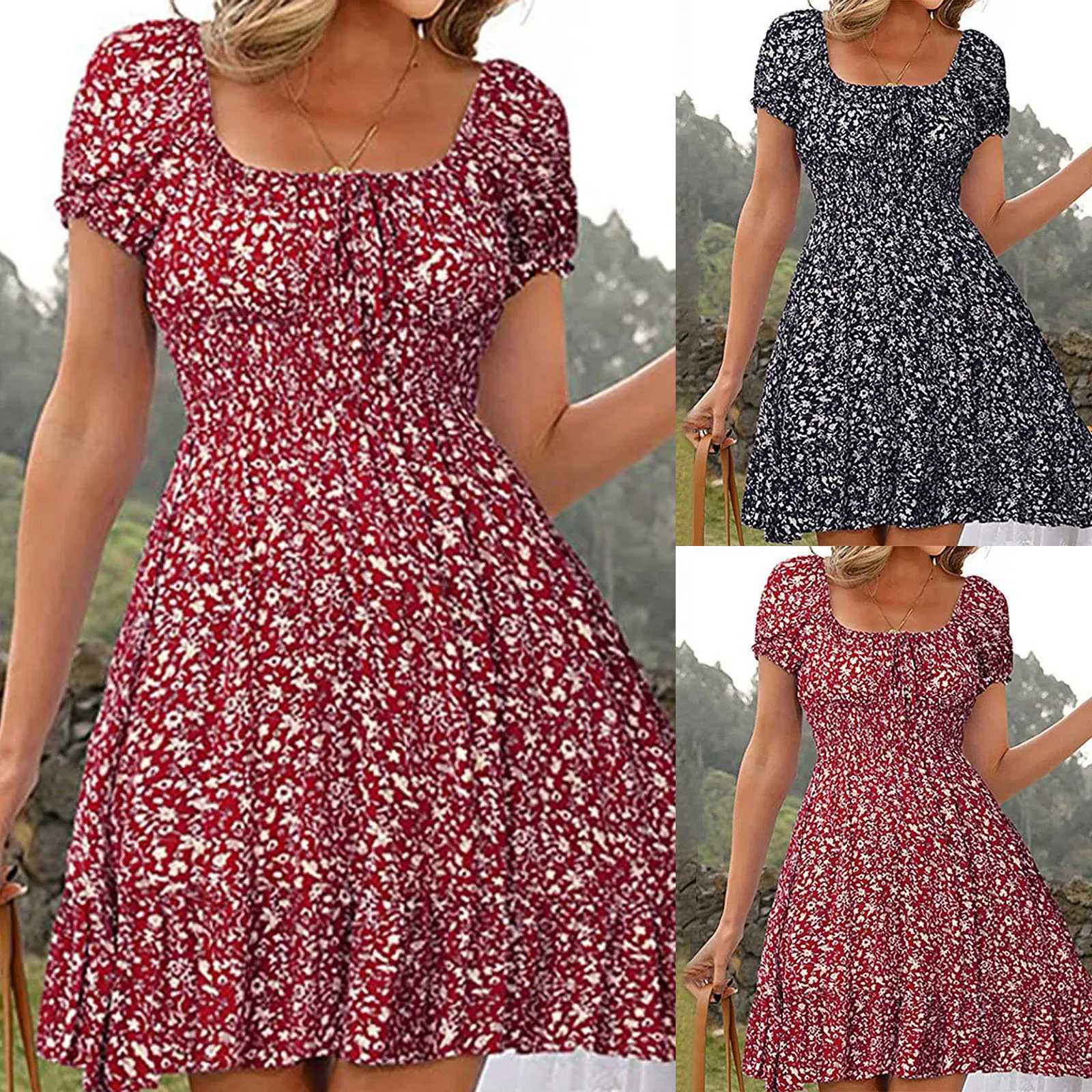 Dresses On Sale Clearance WomenS Dress Floral Print High Waist Dresses Puff Sleeves Retro Sexy Casual Tunic Woman ClothingT250311