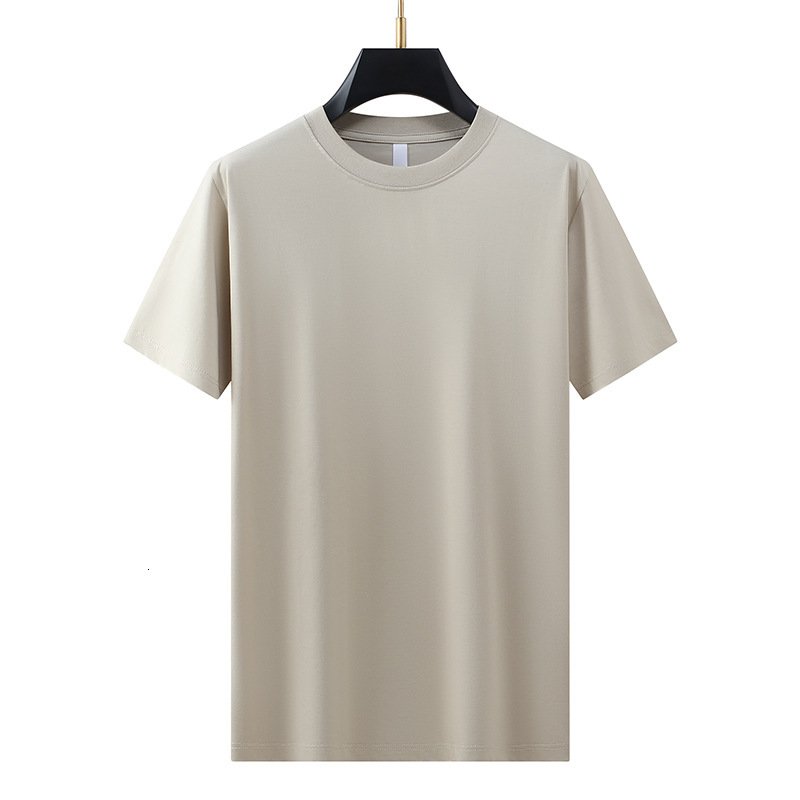 silk solid color short T-shirt for men, skin friendly and cool feeling base shirt, loose half sleeved round neck casual high-end men's clothing p