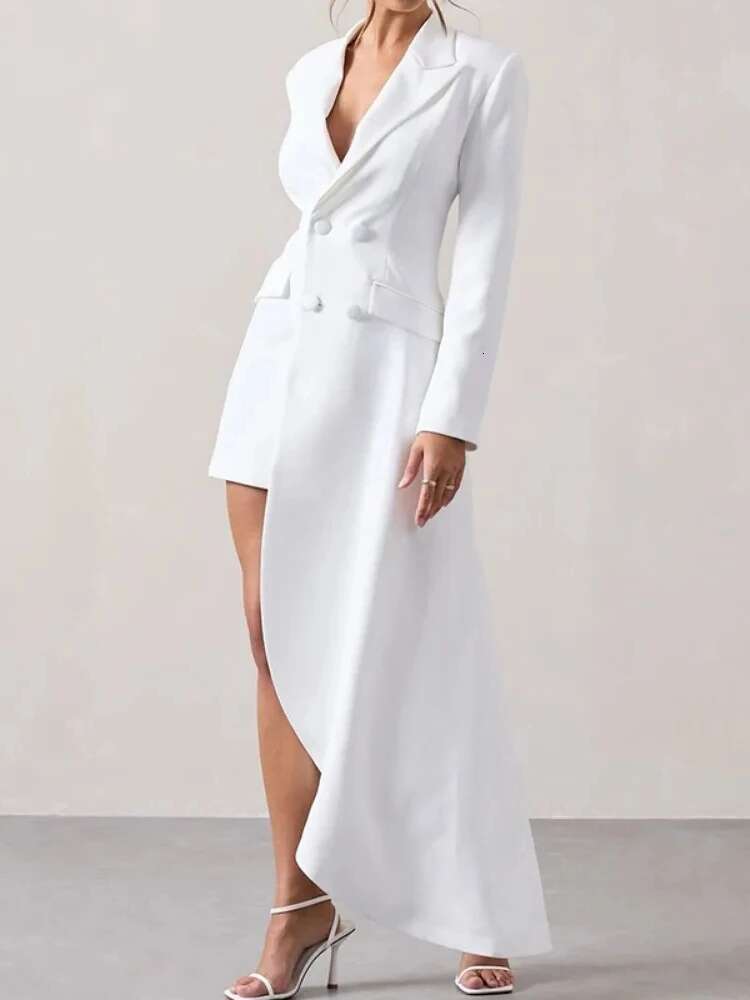 Yeezzi 2025 New Urban Female Black White High-Low Notched Collar Blazer Office Ladies Fashion Buttoned Pocket Commute Outerwears