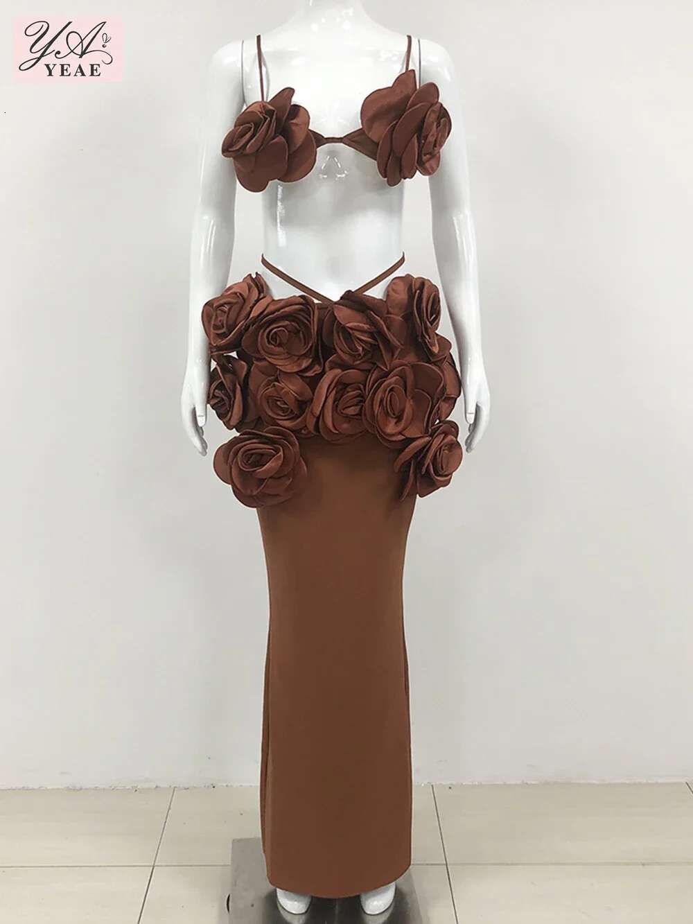 Women's 3D Bandage Top+Skirt Two-Piece Set Crop Top Large Wer Wrapped Corset Long Skirt Outfit Party Gowns