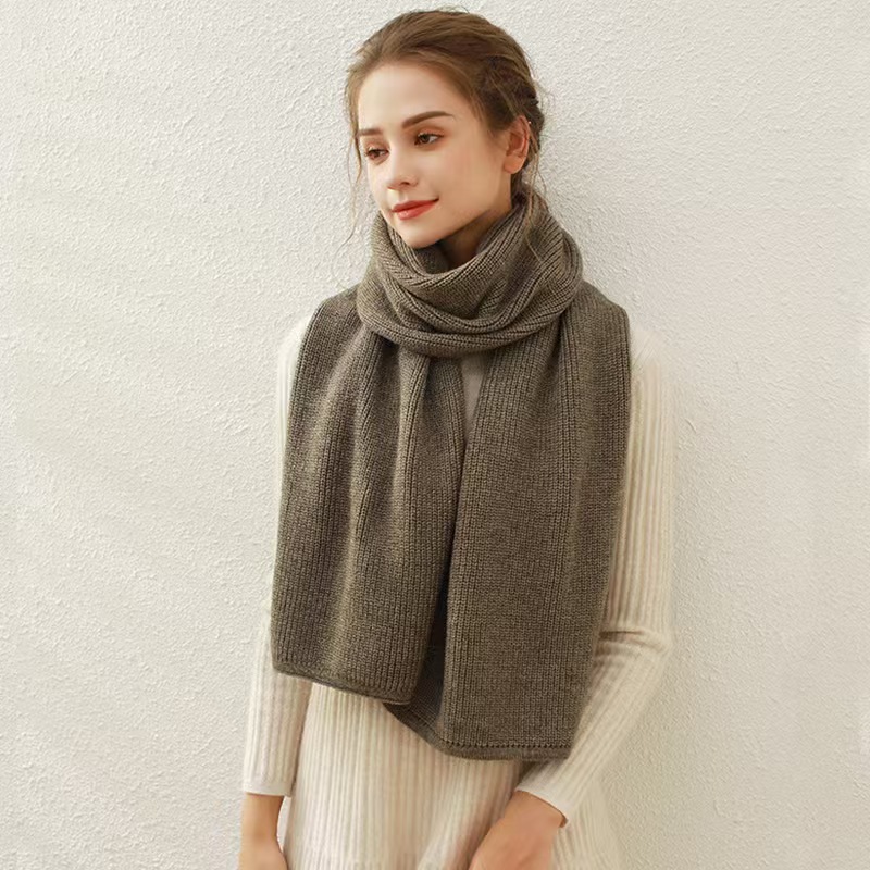 T268 solid color ribbed knitted scarf women's winter new style cashmere warm wool neck scarf hat set