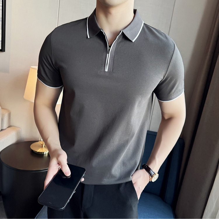 antibacterial polo shirt short zipper lapel T-shirt summer casual half sleeved light luxury men's contrasting color top tracksuit