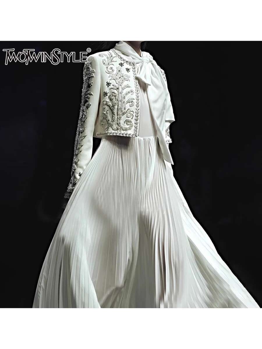 TWOTWINSTYLE Solid Two Piece Set For Women O Neck Sleeve Coat Scarf Collar Sleeveless High Waist Long Dress Female Fashion