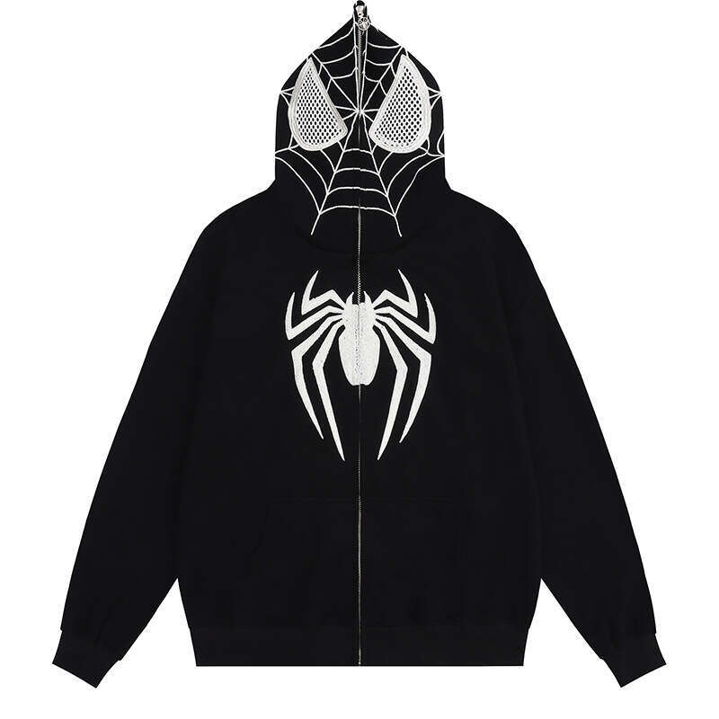 YPRS Y2k Gothic Dark Spider Embroidery Hooded Cardigan Sweatshirt With Full Zipper Loose Fit Men's Jacket