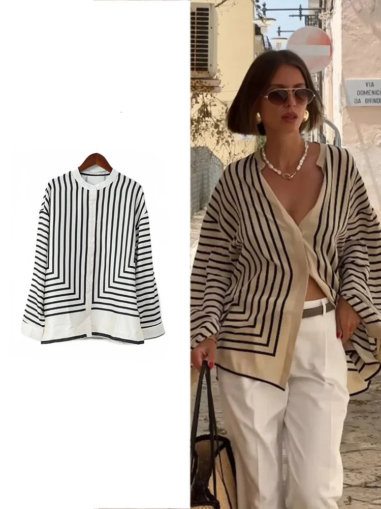 TRAF Womens Casual Striped Printed Satin Silk Shirt Fashion Long Sleeve Lapel Single Ribbon Top Elegant Loose 250311