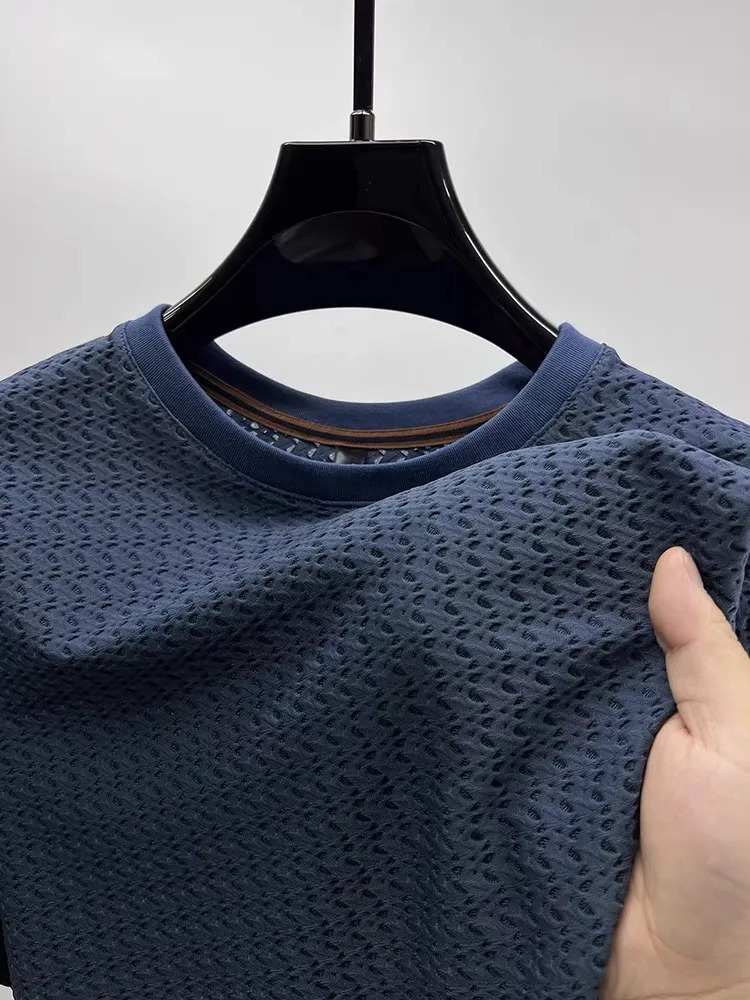 y summer hollow ice silk short sleeve Tshirt mens solid color round neck top silky breathable fashion wear 250312