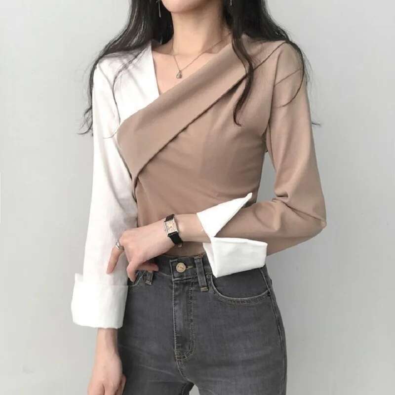 Autumn Long Sleeve Vintage Contrast Patchwork Shirts Women Fashion Streetwear V Neck Ladies Tops Clothing