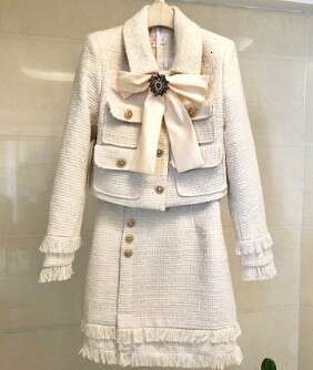 2025 Spring And Autumn Woolen Short Coat+A-Line Tassel Half Skirt Hip Wrap Two Piece Small Fragrant Style Set