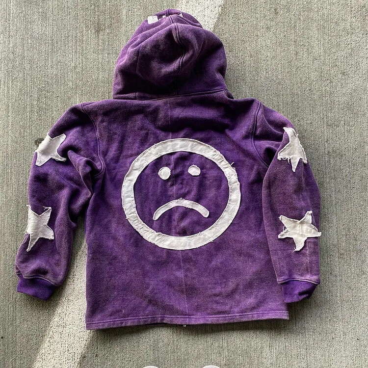 Personalized street patchwork letter star pattern long sleeved pullover hoodie loose fit