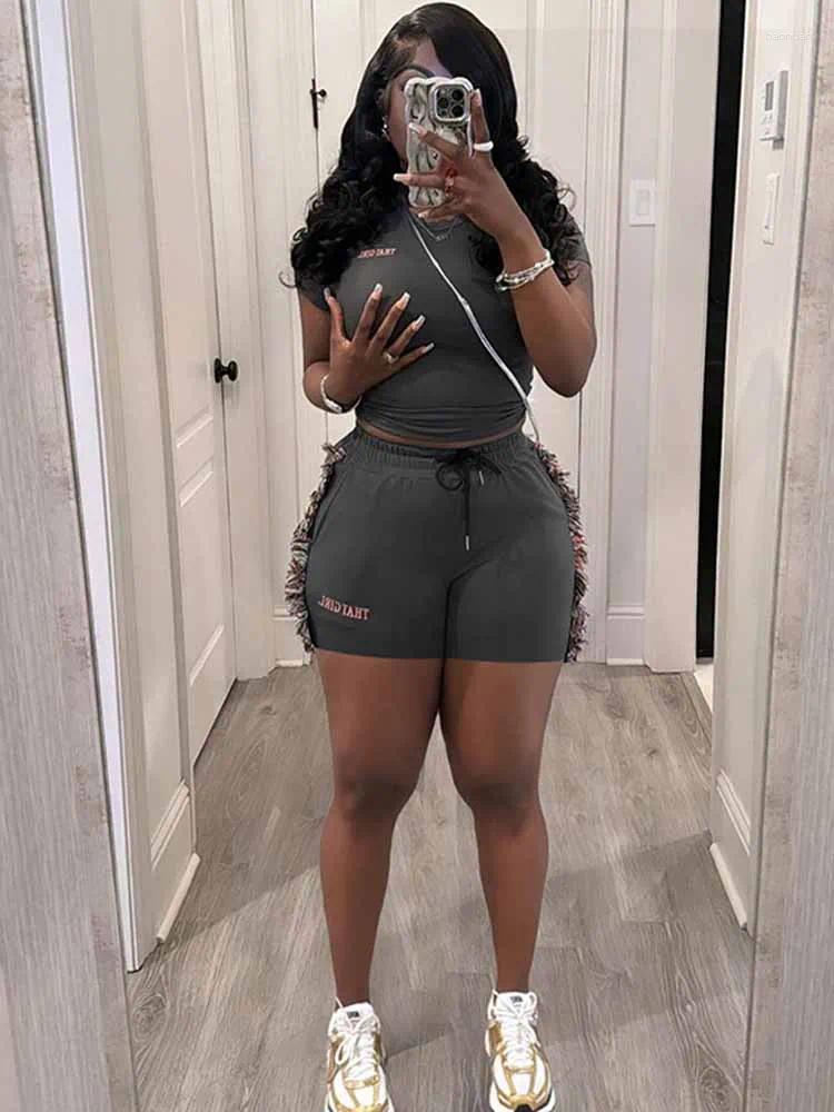 Womens Tracksuits BKQU Letter Embroidery Casual 2 Piece Sets Woman Outfit Short Sleeve T-shirts Side Tassel Shorts Matching Suits Female