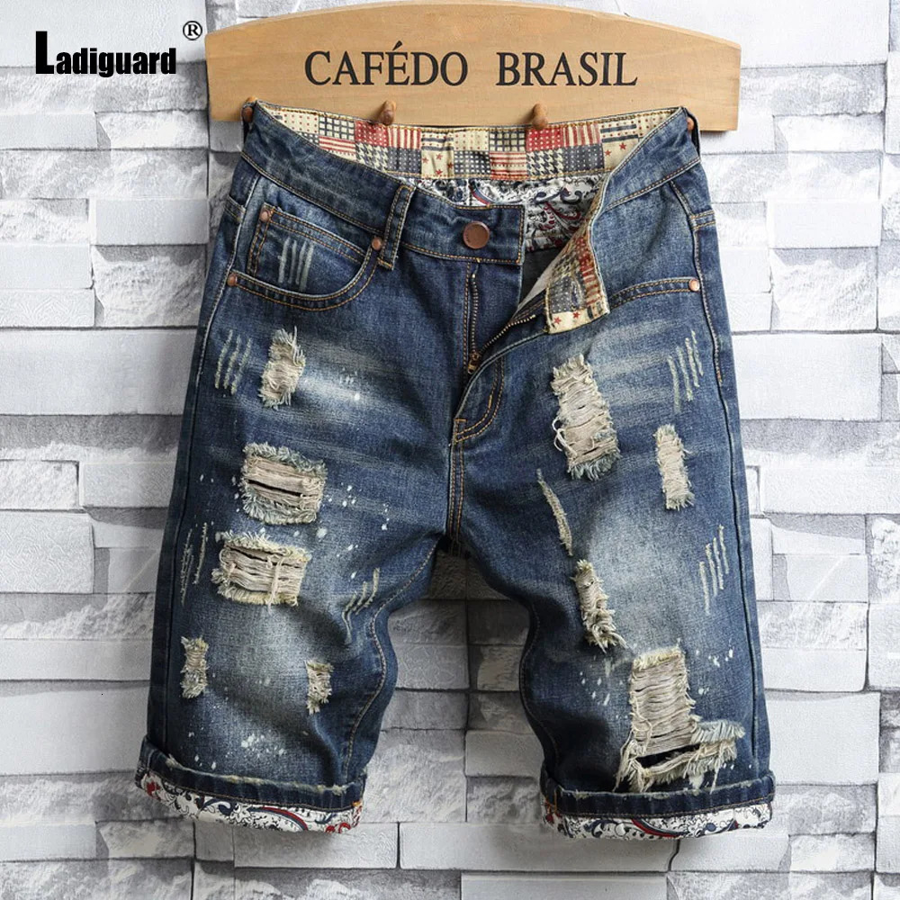 Ladiguard Men Vintage Street Demin Shorts Spring Autumn Fashion Ripped Plus Size Mens Stand Pocket Short Jeans 250312