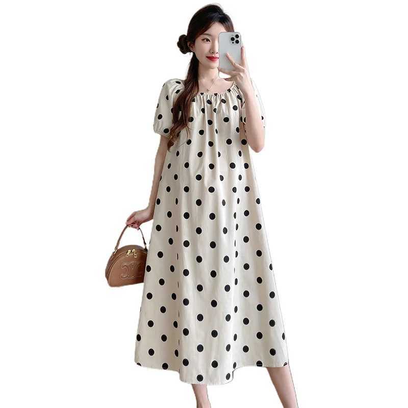 Pregnant Women Summer New Wave Dot Cotton Linen Square Collar dress White Pocket Midi DressT250311