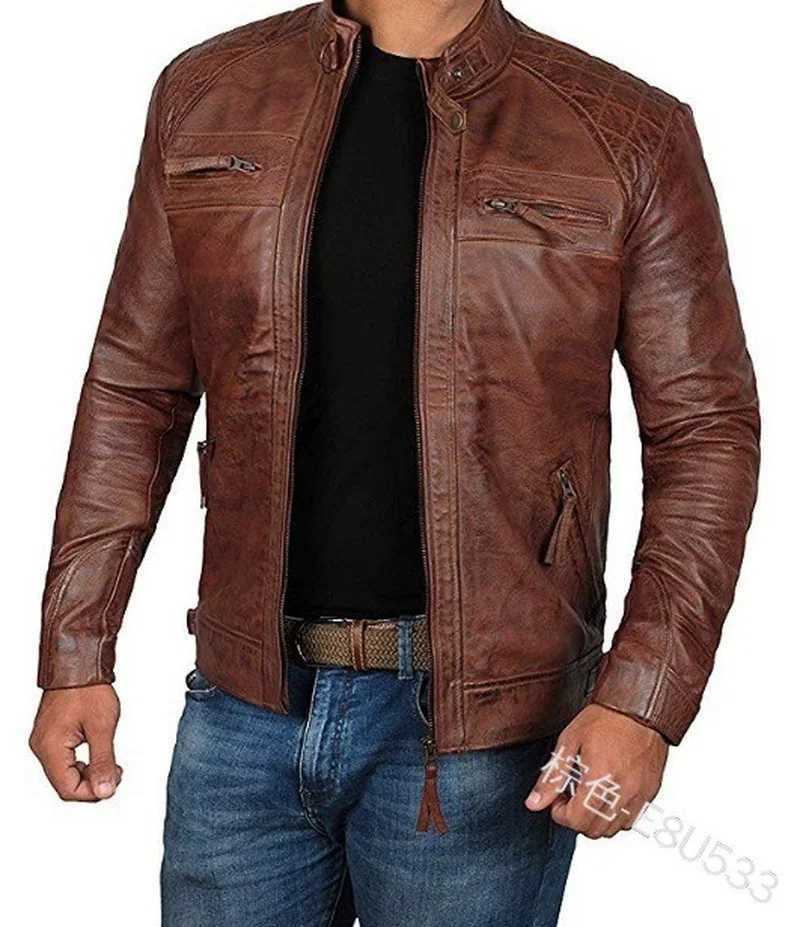 2022 Men Leather Jacket Teenagers Stand Collar Punk Men Motorcycle Leather Jacket Brown Leather Jacket Chaqueta De Los HombresT250311