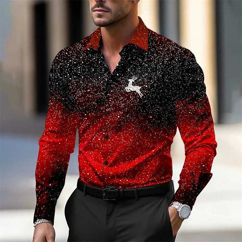 Christmas mens Christmas deer print shirt casual lapel button long sleeved New Years party autumn and winter 3D printing XS-6XL W250312