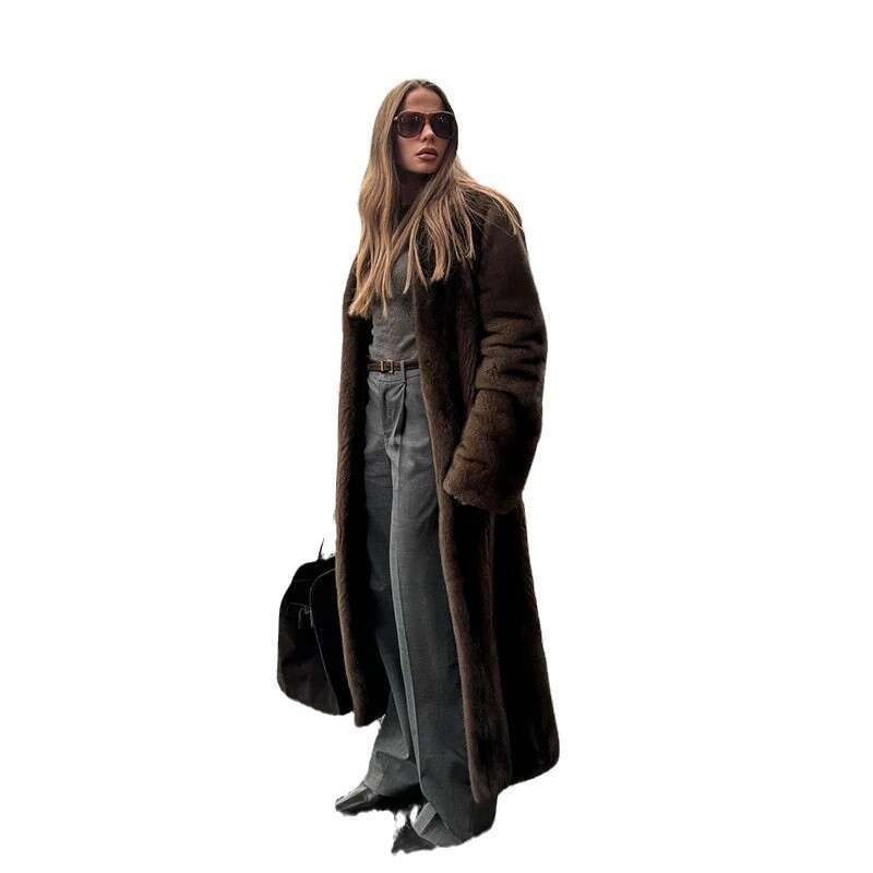 2024 Autumn And Winter Women's Personalized Street Luxury Dark Brown Imitation Fox Fur Coat For Women