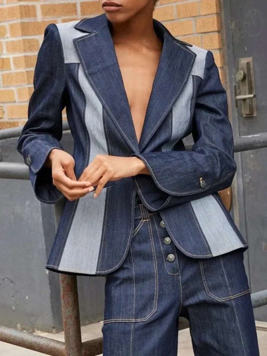 Bonboho Women's Jackets 2024 Fall New Contrast Color Casual Blazer Coat Lapel Collar Long Sleeves One-Buttoned Loose Fit Coats