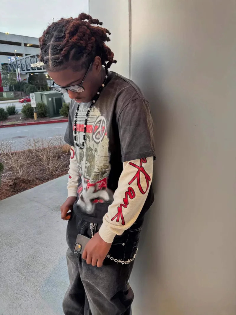 Y2K street graffiti print T-shirt American punk unisex pullover top hip-hop round neck crop top 250310