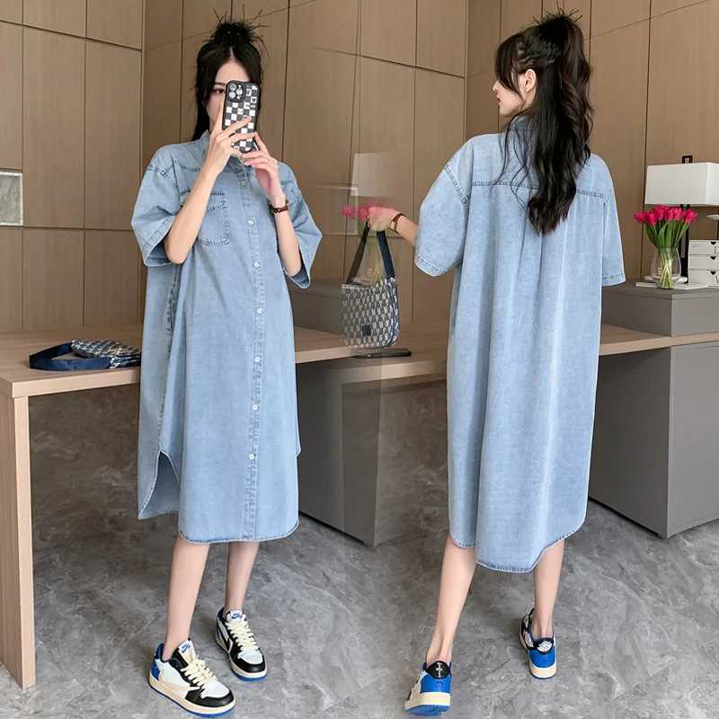 Shirt Styles Denim Maternity Dress Casual Loose Long Blouse For Pregnant Women Pregnancy Denim Midi DressT250311