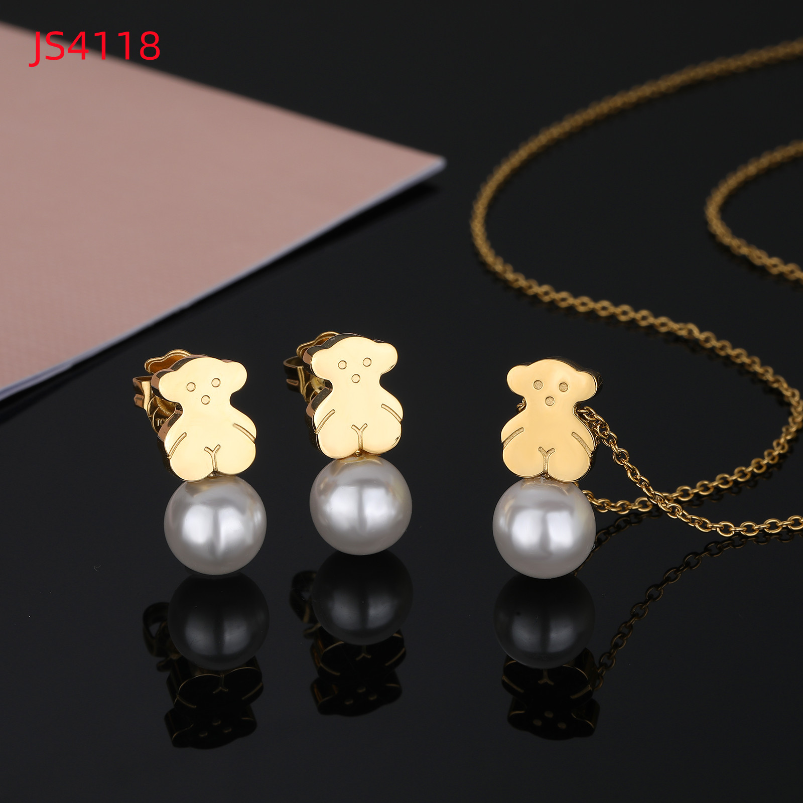 Fashion Women Men Silver Rose Gold Stainless Steel Bear Cartoon Animal Zircon Span White Pearl Pendant Necklace Earrings Sets Jewelry