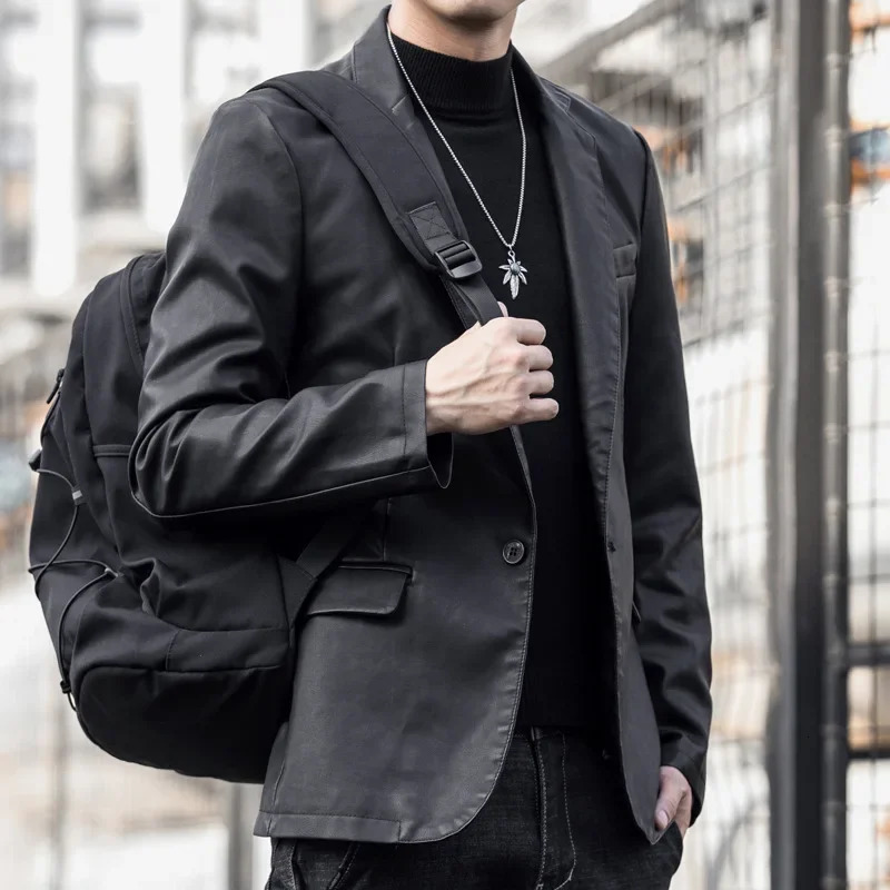 Mens Big Size Autumn and Winter Style of Plankton Shuai Suit Korean Business Leisure PU Leather Motorcycle Jacket 250312