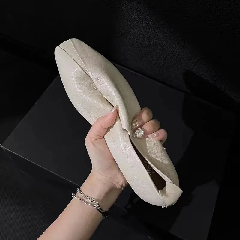 2024 Women Flat Shoes Leather Comfort Flats Slip on Silver Beige Simple Shoes Spring Autumn Soft Loafers Square Toe 250305
