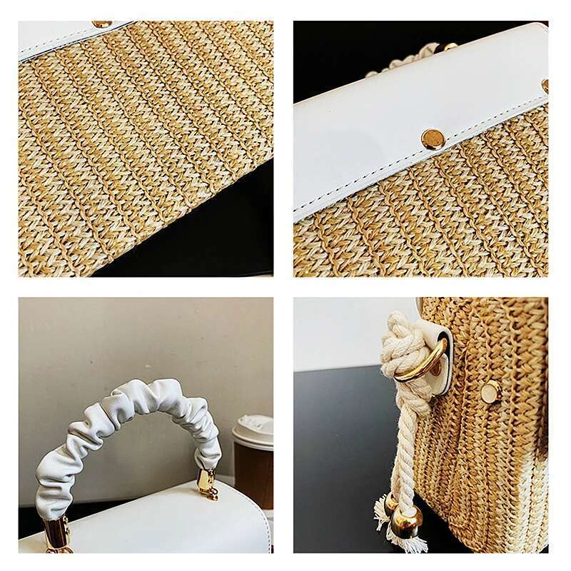 Straw Beach for Women 2025 Summer Pleated Handle Designer Bag Contrast Color Crossbody Purse and Handbag Lady Bolsos