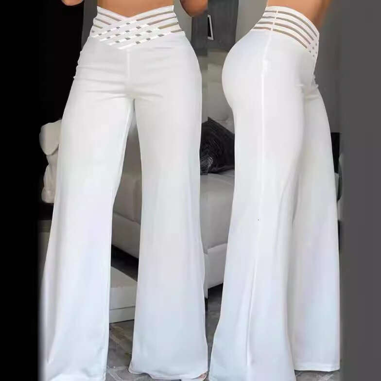 Summer Women's Hollow Belt High Waist Casual Straight Loose Wide Leg Pants B2