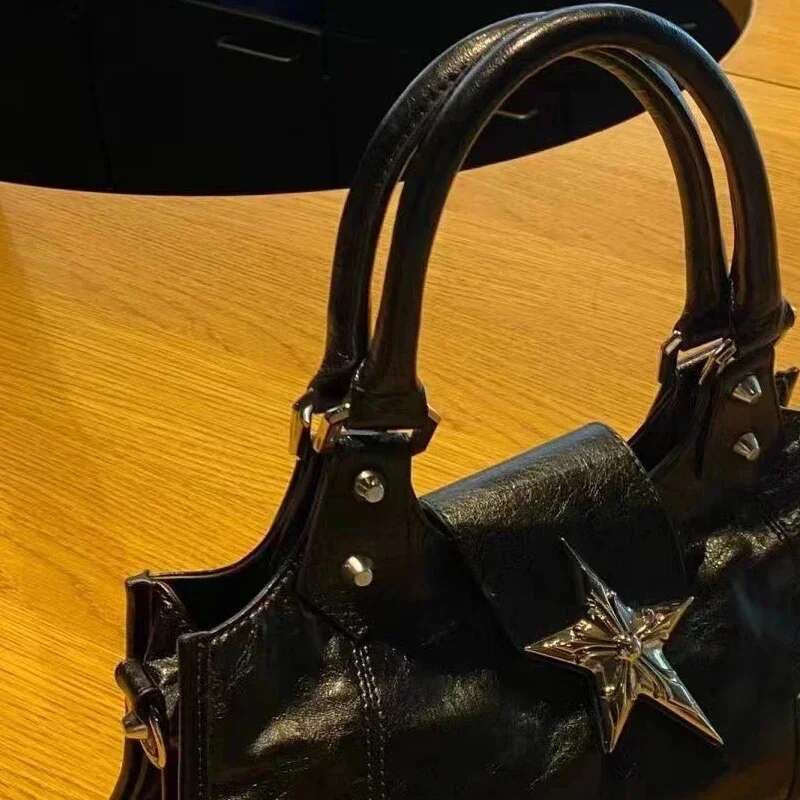 Girl Y2K Pure Black Gothic Star Hip Hop Aesthetic Retro Garbage Punk Underarm Saddle Bag Fashion Designer Wallet One Shoulder Handbag Bucket Handbag