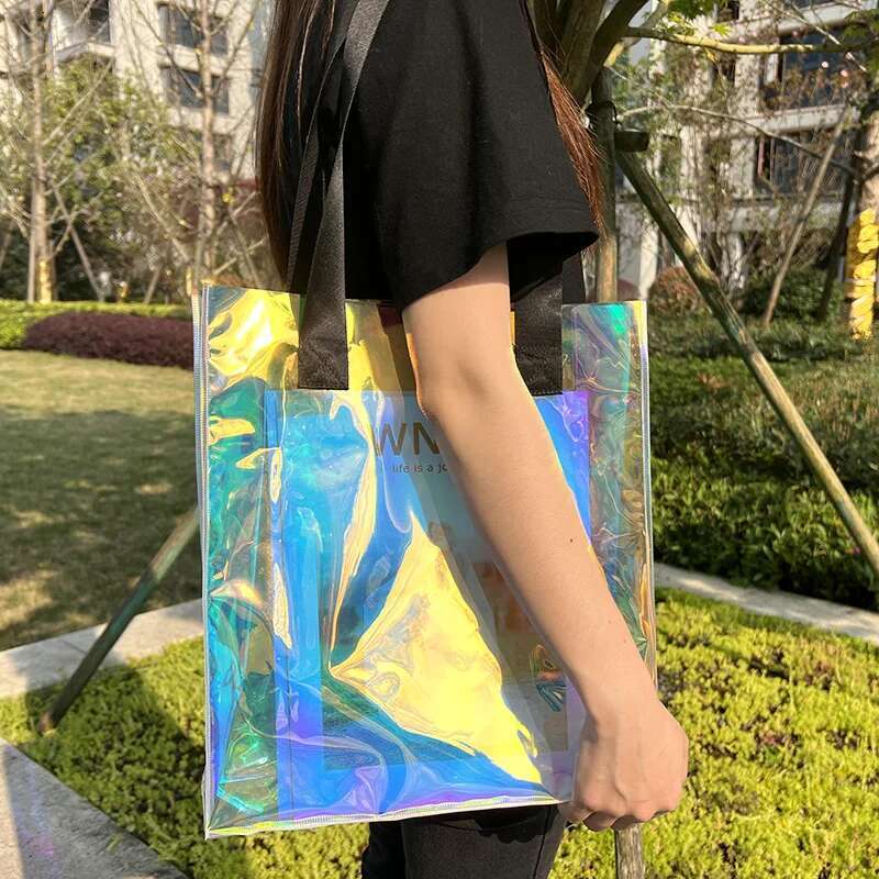 Iridescent Custom Pattern Holographic Transparent Waterproof Shoulder Tote Jelly Hand Carrying Gift Bag PVC Plastic