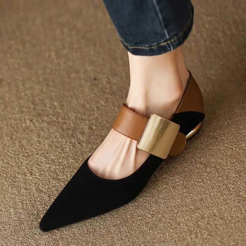 New 2025 Spring Women Nature Suede High Thick Heels SmallHut Black Apricot Square Toe Pumps Elegant Lady Metal Decoration Shoes