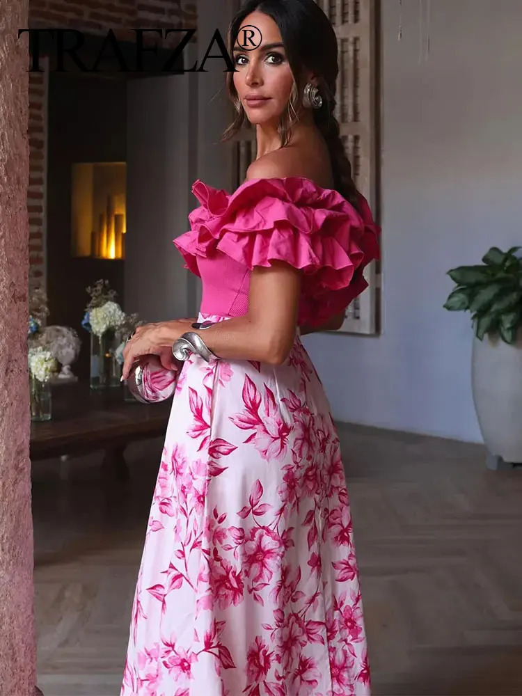 TRAFZA Women Pink Floral Print Skirt High Waist Slim Back Zipper Midi Skirts Elegant Woman Fashion Street ALine 250311