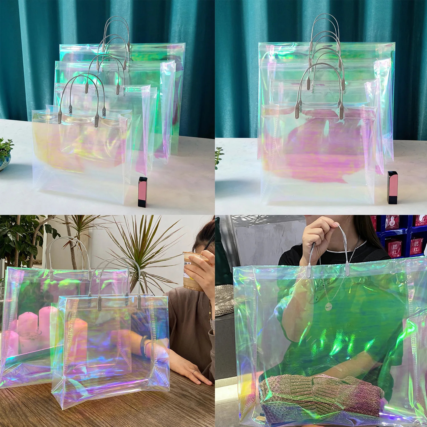 1PC Fashion Women Clear Tote PVC Laser Waterproof Transparent Handbags Shopper Shoulder Bag Beach Portable Pouch 250305