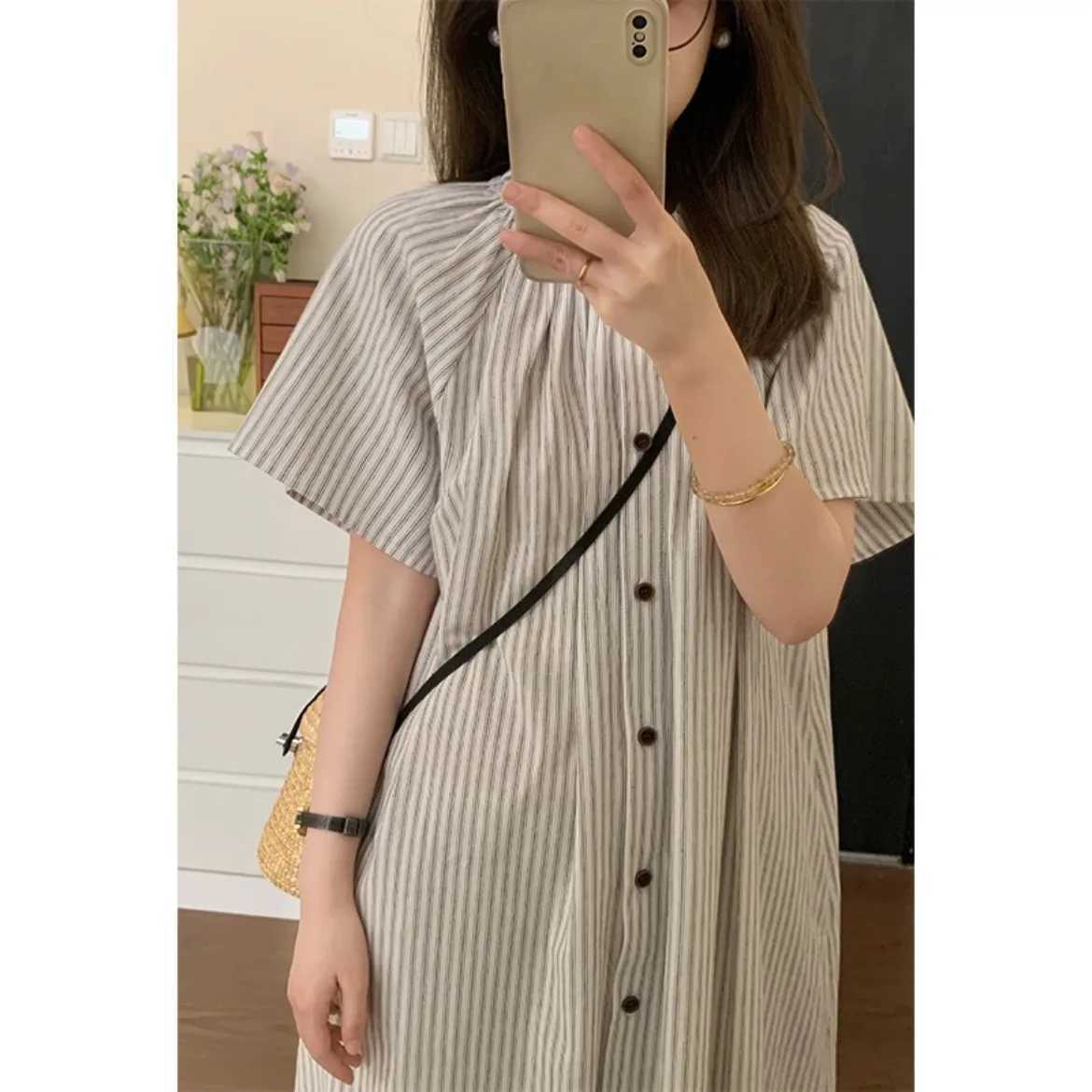 2025 Summer Maternity Holiday Dress Short Sleeve O-neck Button Fly Pregnant Woman Striped Dress Loose Casual Pregnancy ClothesT250311