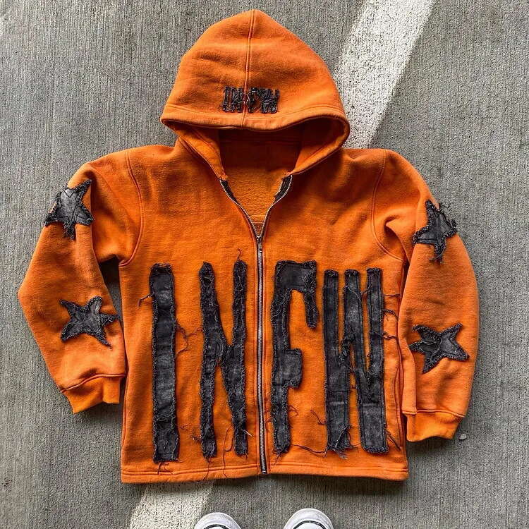 Personalized street patchwork letter star pattern long sleeved pullover hoodie loose fit