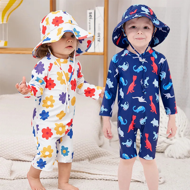 Baby Girls Swimsuit Long Sleeves One Piece Swimwear for Kids Toddler Cartoon UPF50 Rash Guards Infant Bathing Suit Korea Sets 250311