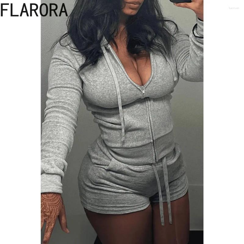 Womens Tracksuits FLARORA Casual Solid Hooded Zip Shorts Woman Long Sleeve Tops And Two Piece Set Female Street Sporty Outfits