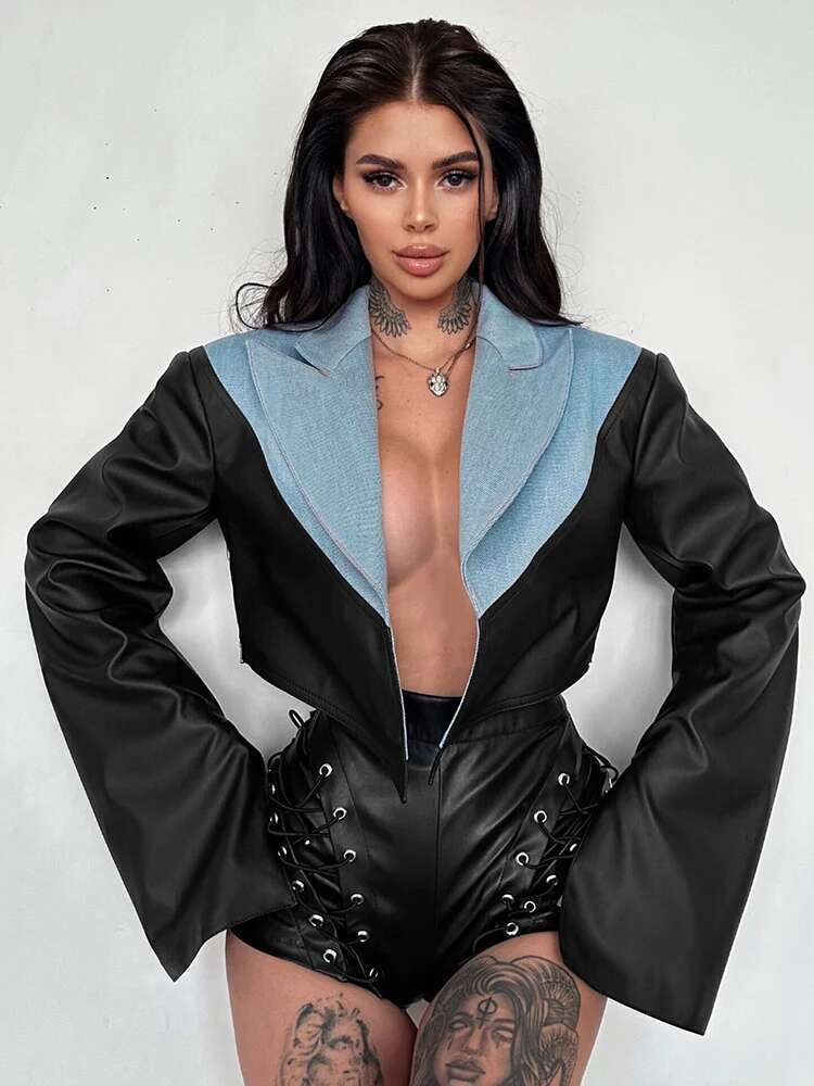 Weird Puss Leather Patchwork Denim Crop Jacket Women Fall Contrast Cardigan Turn-Down Collar Long Sleeve Trend High Street Coats